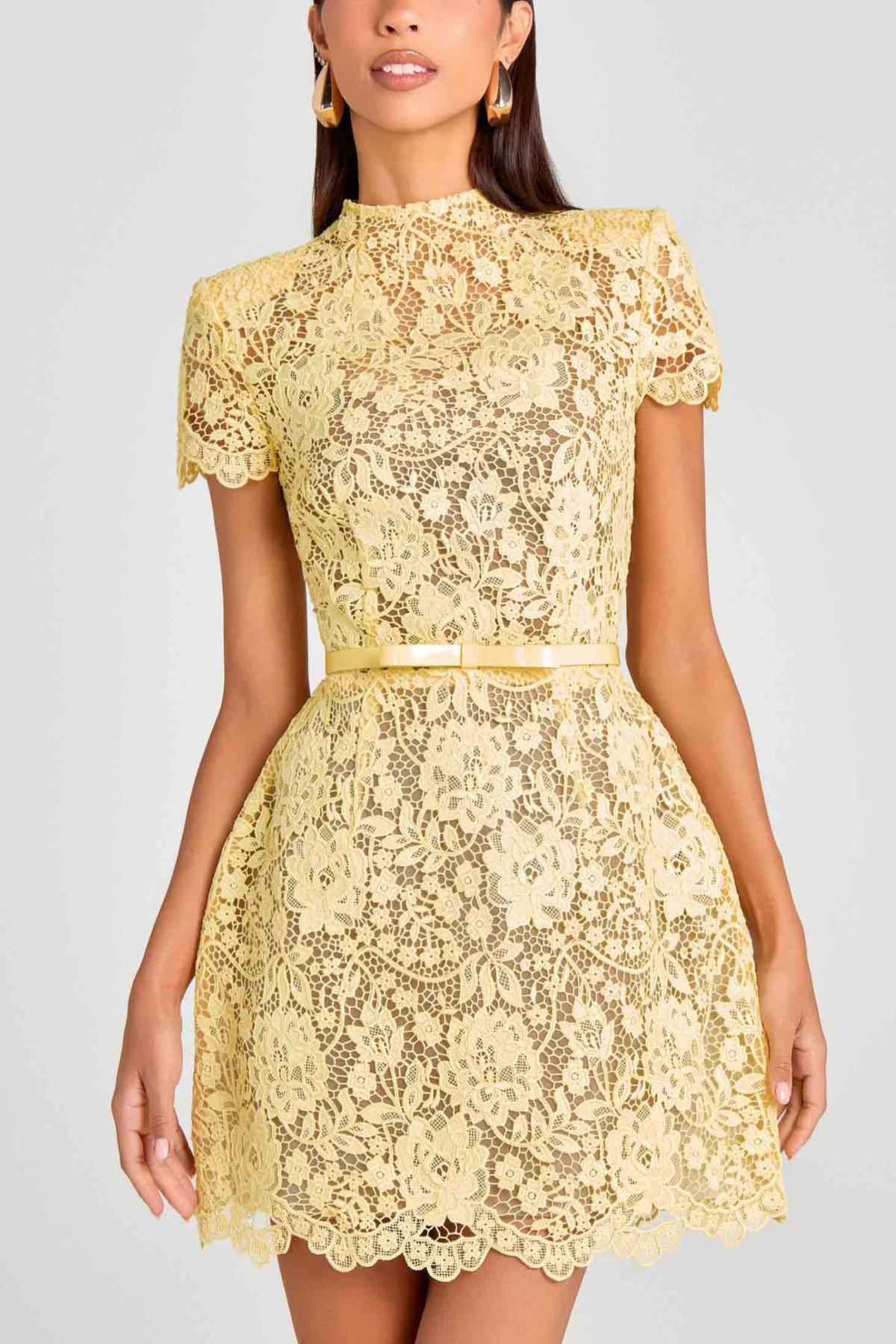 Yellow Floral Scalloped Mini Dress