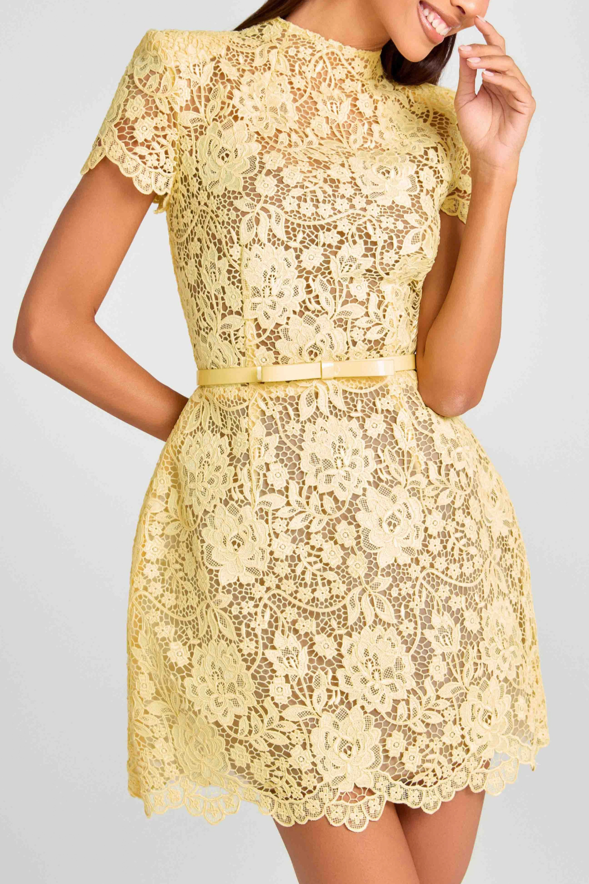 Yellow Floral Scalloped Mini Dress